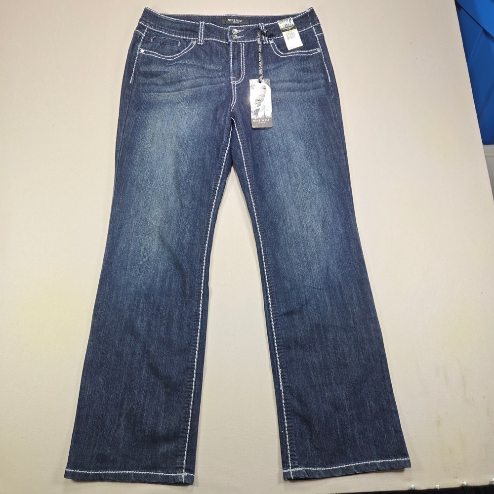 Nine West Jeans Bootcut Thick Stitch Embellished Dark Wash Denim Women 12/30 NEW